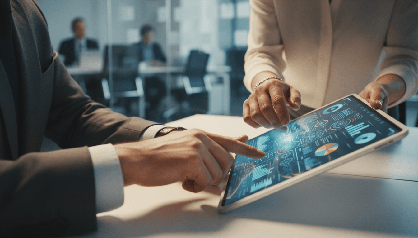 Business analyst reviewing operational efficiency metrics on tablet
