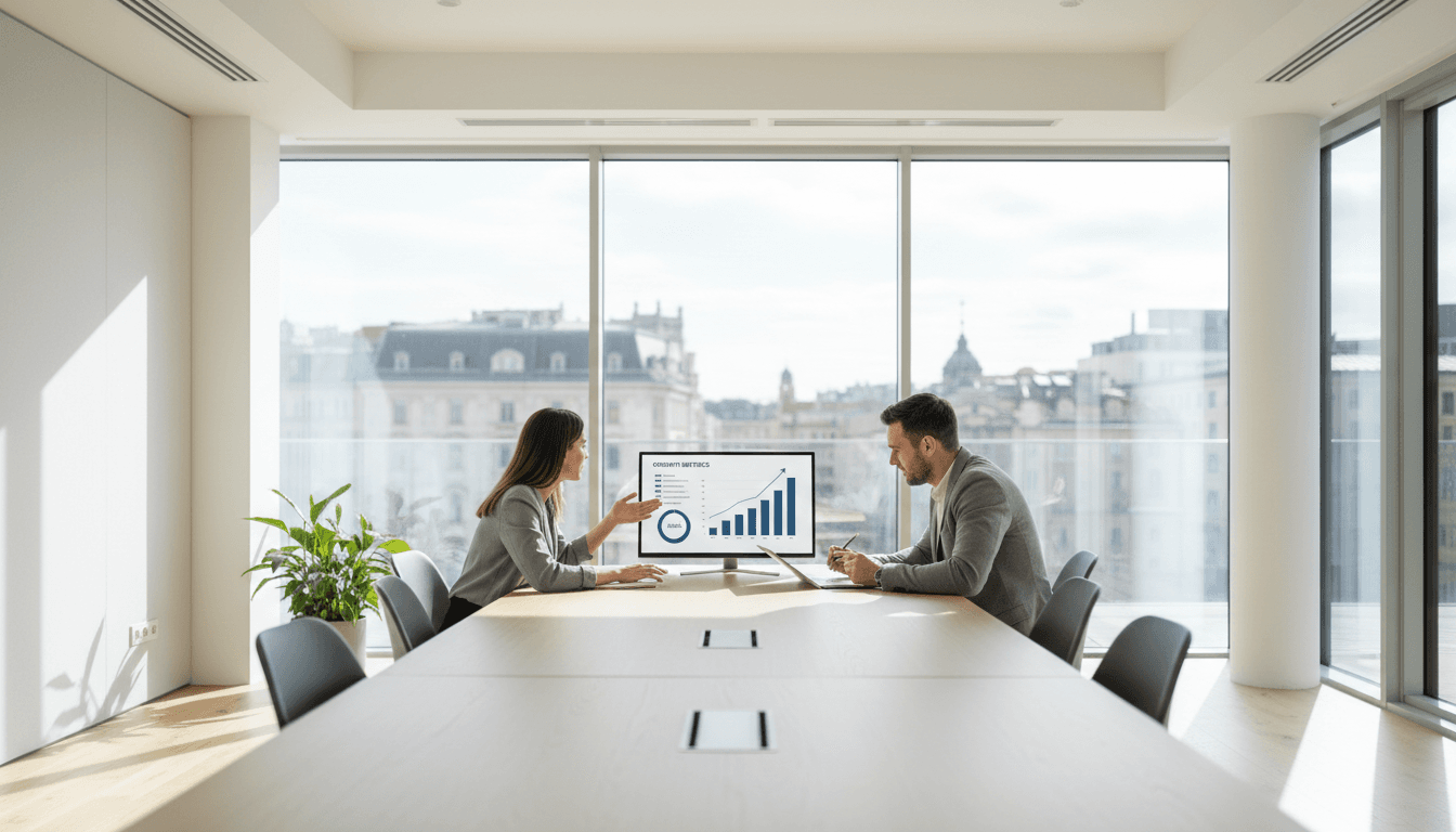 Two professionals collaborating over business strategy and growth metrics in a modern Sofia office