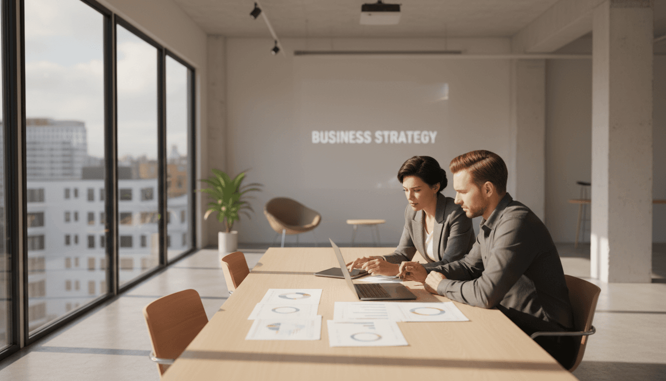 Two business professionals collaborating over strategy documents and analytics at a modern office desk